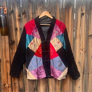 Vintage Multicolor Velvet Patchwork Grandma Style Sweater Jacket Small Medium
